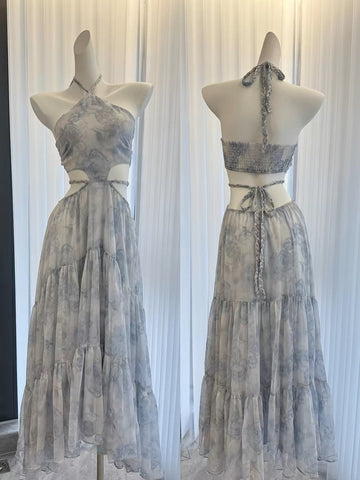 A line Halter Sleeveless Holiday Dresses Blue Floral Beach Dress Birthday Outfits SD277